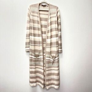 Foxcroft NYC Brown Striped Duster Cardigan Sweater Open Front Long Sleeve Size M
